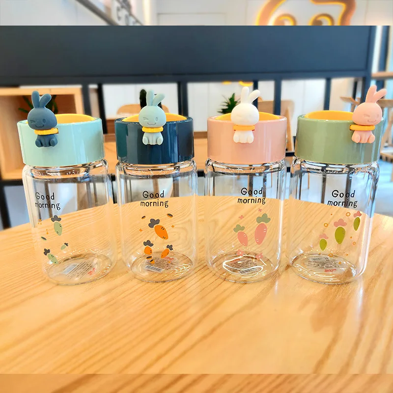 

Cartoon rabbit glass water bottle mineral water bottle children's cute cup small and cute easy to carry four choices gift