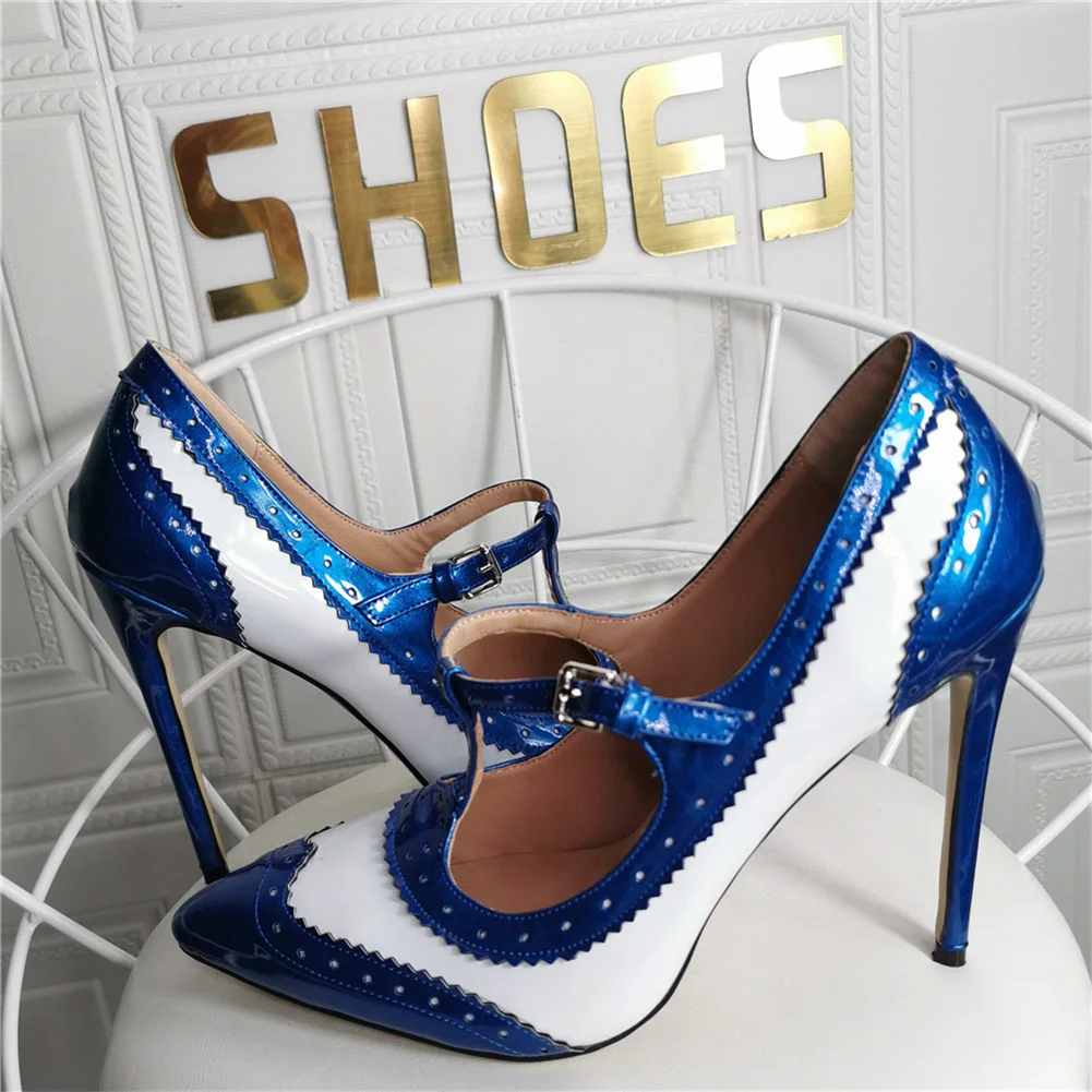 

RIBETRINI Sexy Girls Pointed Toe T-Strap Vintage High Heels Buckle Mixed Color Spring Summer Brand Luxury Design Retro Shoes