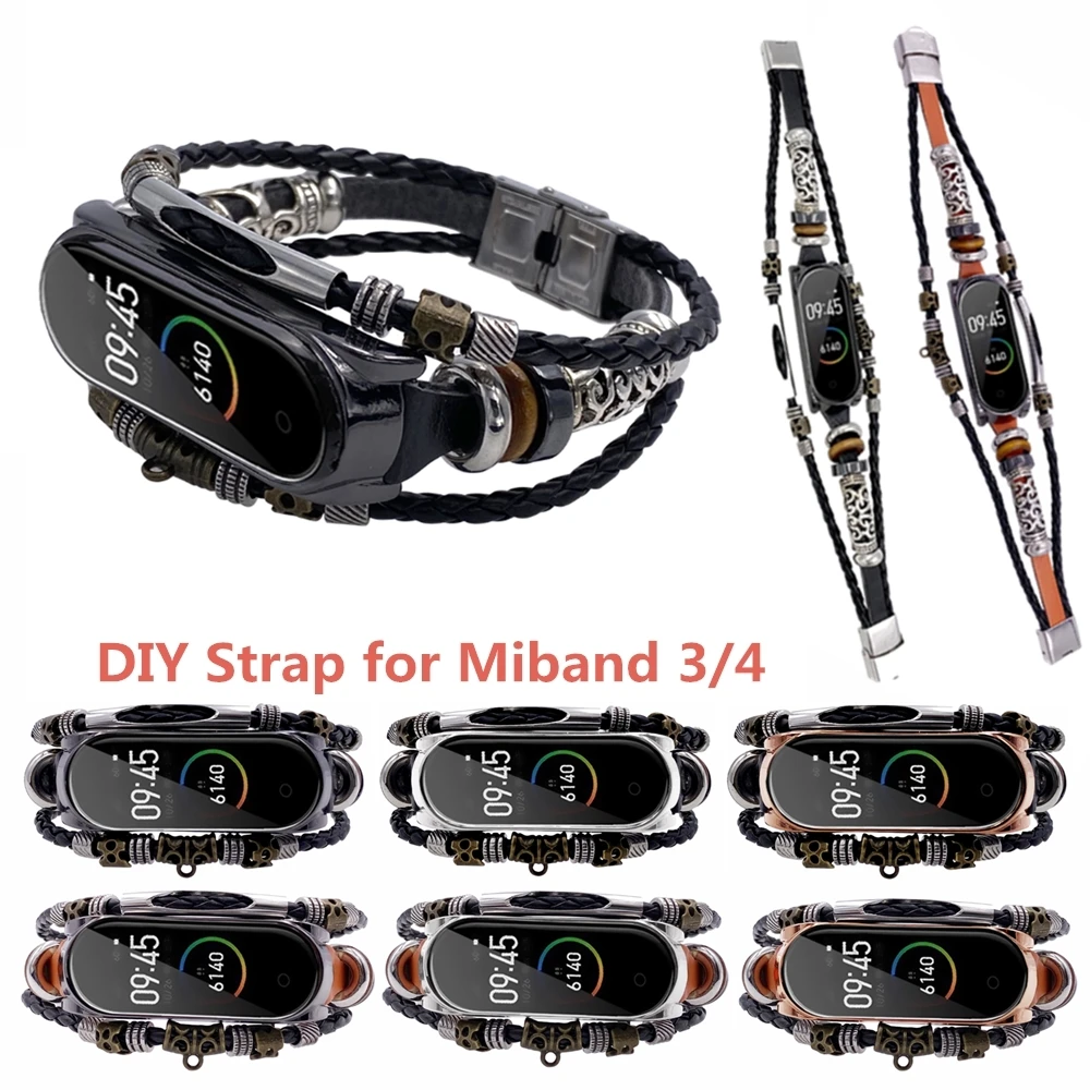 Fashion Retro Strap For Mi Band 5 6 3 4 Wristband watch Leather Straps Replacement Beading Bracelet ремешок на mi band |