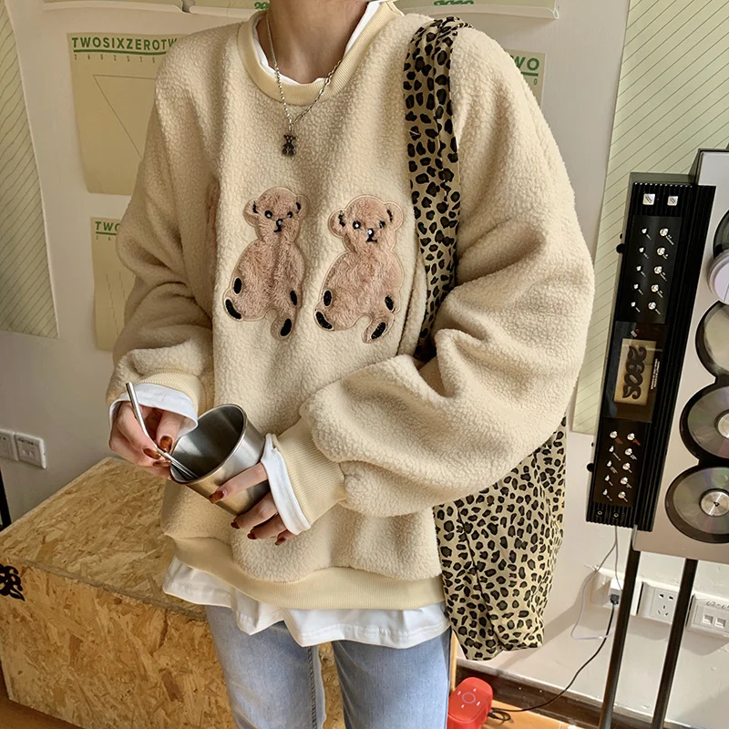 Модная утолщенная овечья шерсть с вышивкой медведя | Женская одежда