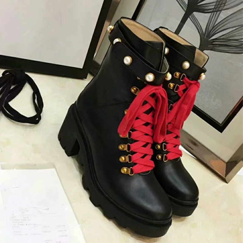 Real Leather Black Ankle Boots Women Round Toe Mixed Color Pearl Rivet High Heel Boots Woman Fashion Martin Boots