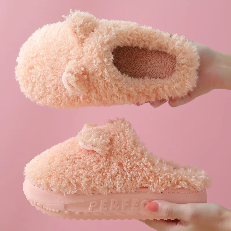 

Winter Women Home Slippers Warm Hairy Lining Cozy Indoor Floor Slippers Short Plush Platform Shoes Adult Thicken Cotton Slides