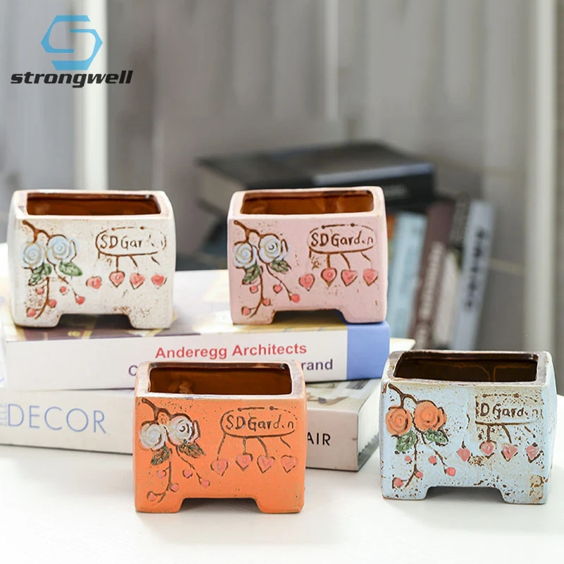 

Воздухопроницаемый Рельефный цветочный горшок Strongwell ручной росписи прямоугольный керамический горшок для украшения дома офиса суккулент...