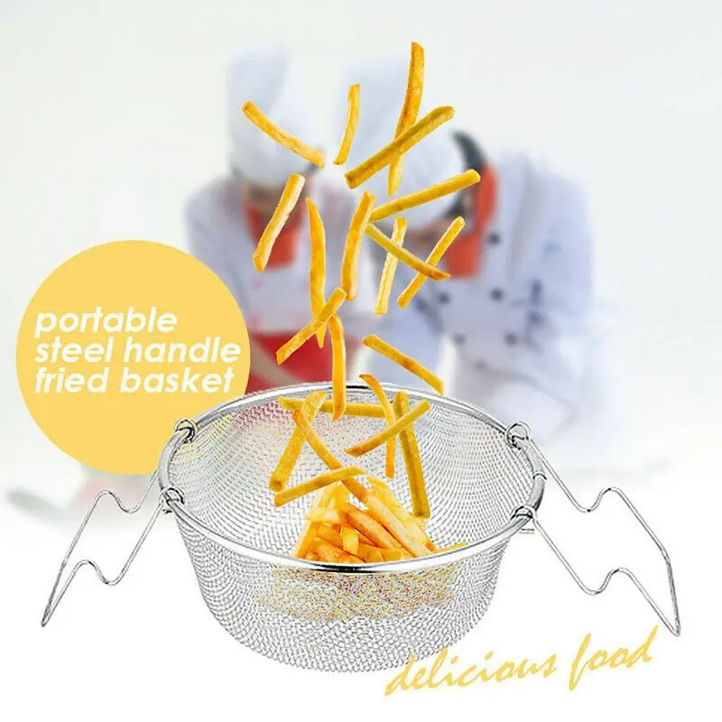 

Chips Fried Serving Mesh Basket Stainless Steel Round French Fries Handheld Handle Cooking Fried Sieve 18cm 22cm Kitchen Tool