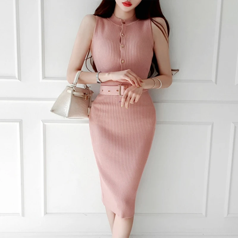 

Korean Style Fashion Streetwear Women's Knit Dress With Belt Autumn Winter 2020 Single Breasted Sleeveless Sexy Bodycon Dress