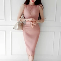 korean style fashion streetwear womens knit dress with belt autumn winter 2020 single breasted sleeveless sexy bodycon dress