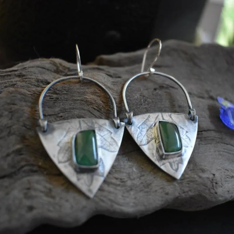Boho Tribal Triangle Metal Dark Green Stone Earrings New Vintage Jewelry Hollow Half Round Geometric Hanging Earrings