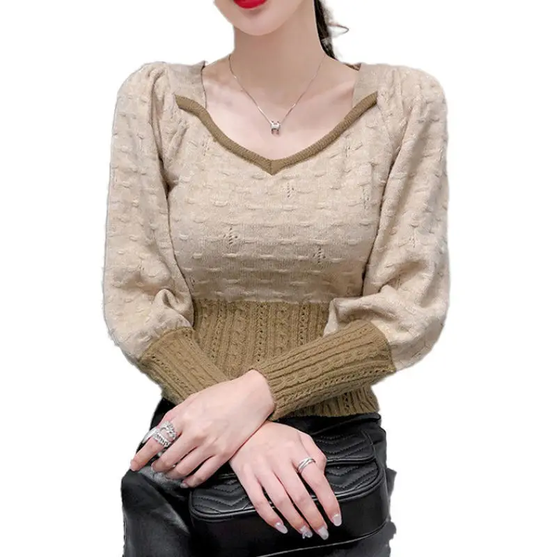 

Women 2021 New Autumn Winter Fashion Long Sleeve V-neck Tops Female Loose Patchwork Sweater Tops Short Knitted Warm Tops Q371