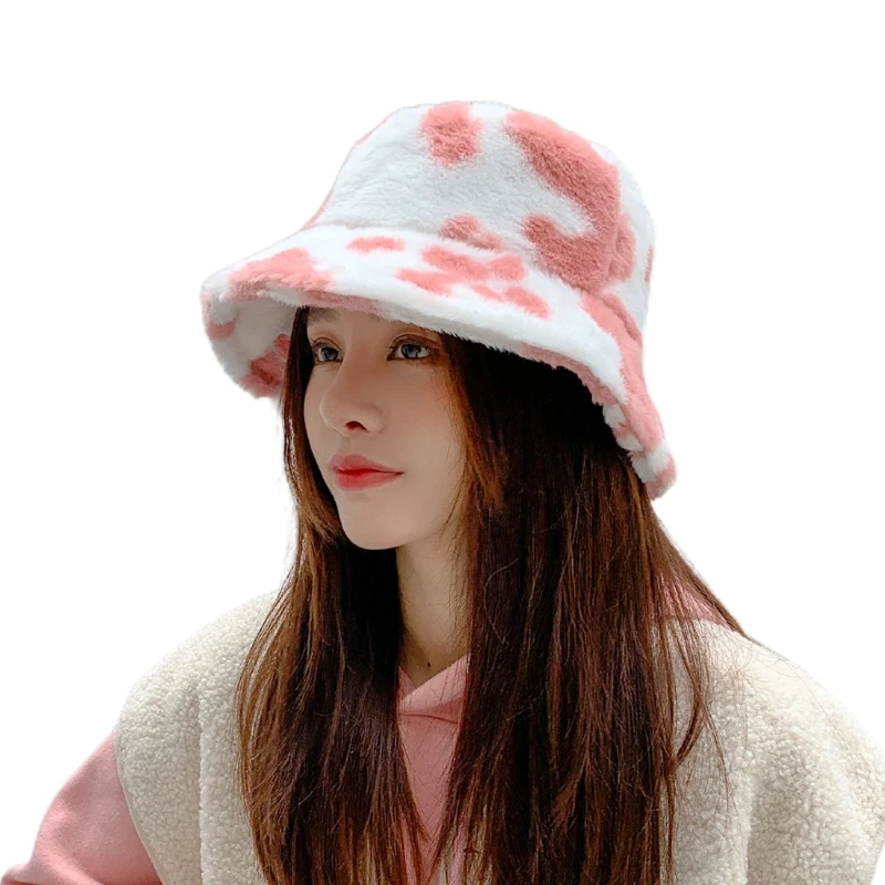 

Милая плюшевая шапка для раковины с узором в виде коровы, рыбалка, осенне-зимнее шерстяное ведро, плюшевая рыбалка, хипстерская, с широкими п...