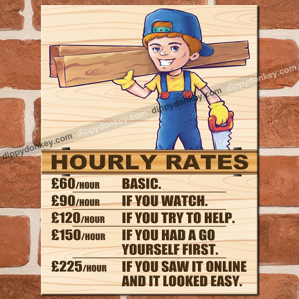 

Funny Metal Signs - JOINER Hourly Rates Garage Wall Plaque Carpenter Man Cave UK