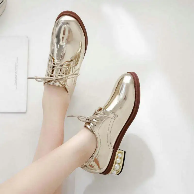 Gold Silver Women Shoes Vintage British Wind Round Head Lace-up Pearl Thick Heel Patent Leather Women's Single Shoes