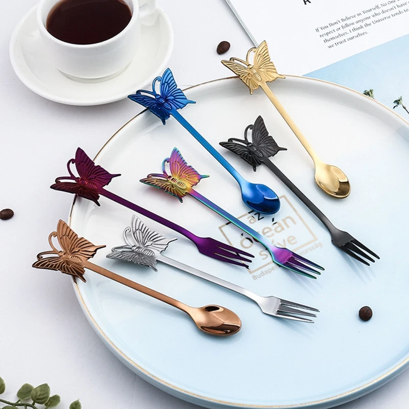 

6pcs Stainless Steel Butterfly Coffee Spoon Fork Soup Sugar Dessert Teaspoons Mixing Stirrer Kitchen Tableware