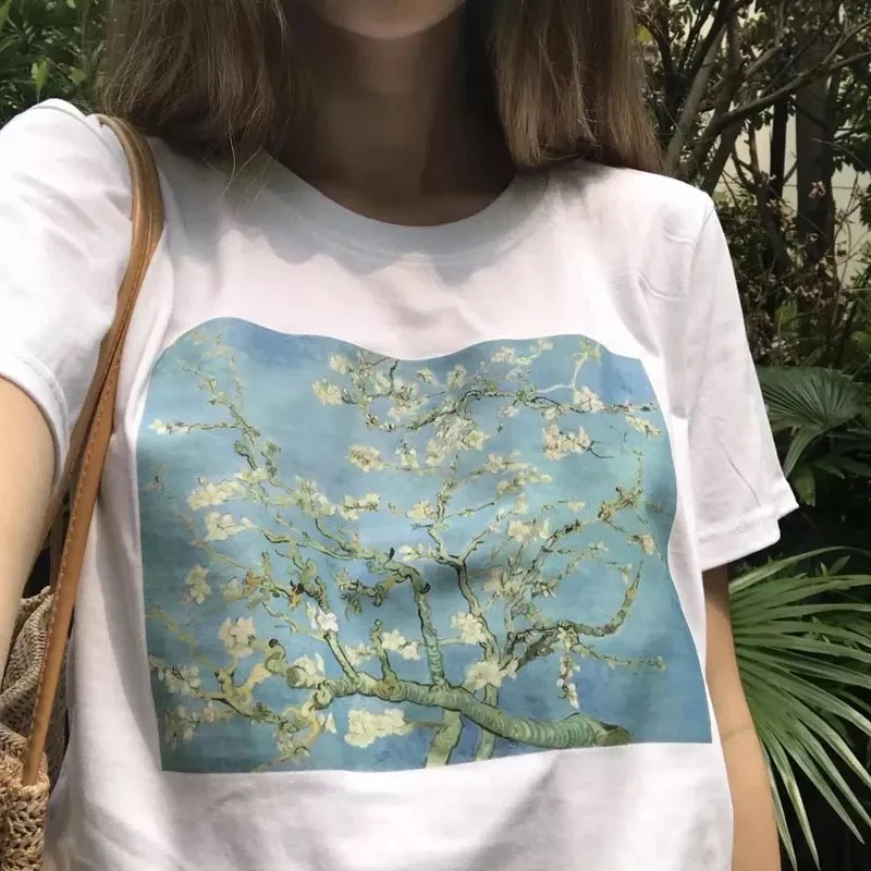 

Van Gogh Almond Blossom Oil Vintage Painting T-Shirt Women Causal Tumblr Fashion Grunge Aesthetic Printed Tee Cute White Tops