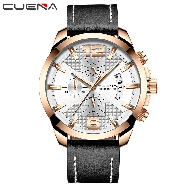 White-Rose Gold CUENA мужские часы кварцевые часы Секундомер светящиеся стрелки из натуральной кожи ремешок наручные мужские часы Reloj Hombre - Цвет: White-Rose Gold
