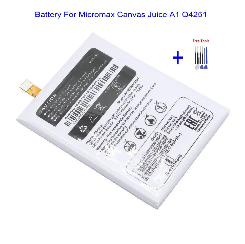 1x4000 мАч/14.8Wh ACBPN40M04 запасная часть телефона Батарея для Micromax Canvas сок A1 Q4251 + набор