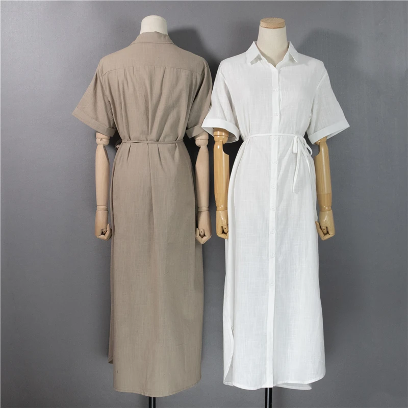 

New 2021 Women Summer Shirt Dress Casual 3 Colors Loose Fashionable Split Lace Up Cotton and Linen Long Dress