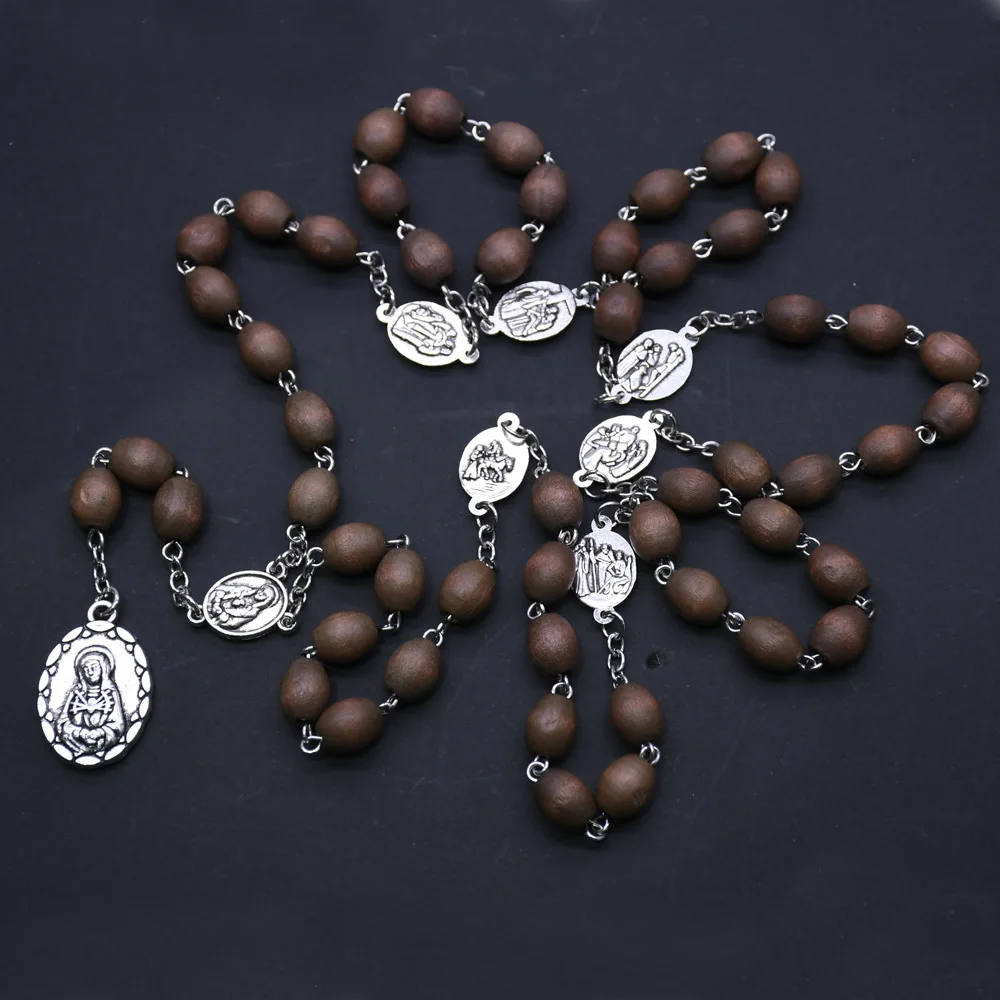 

Wooden Beads Cord Rosary Necklace St Benedict Medal 7 Jesus to suffe Cross Pendant Necklace Catholic Fashion Religious Jewelry