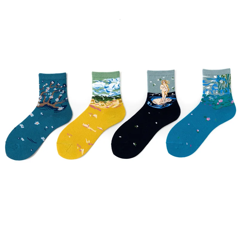 4 Pairs/lot Van Gogh Art Oil Paint Cotton Socks Cartoon Streetwear Kawaii Short Socks Happy Women Warm Funny Cute Socks