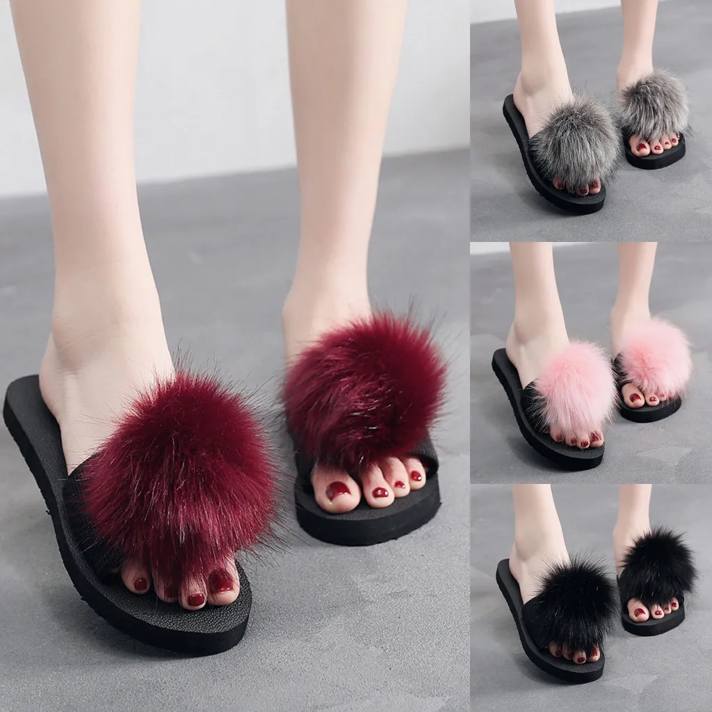 Женская обувь на плоской подошве Пляжная Домашние Нескользящие меховые шлепанцы