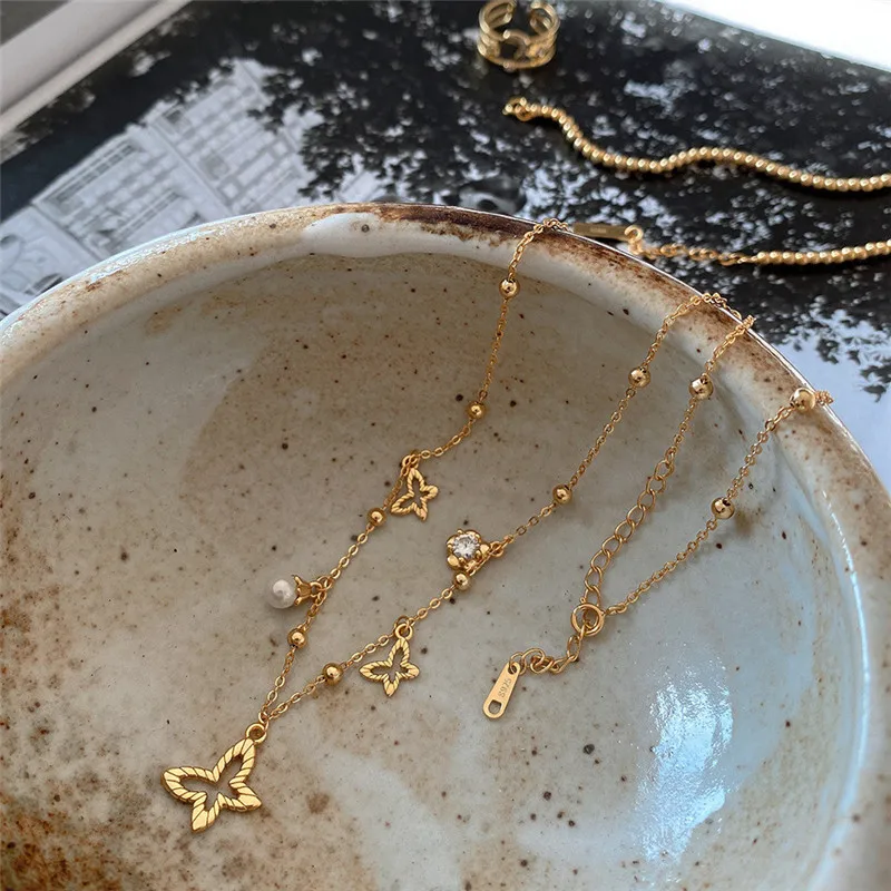 

POFUNUO Real 925 Sterling Silver Women Exquisite Fine Jewelry 18K Gold Chic Chokers Girls Minimalist Pearl Butterfly Necklace
