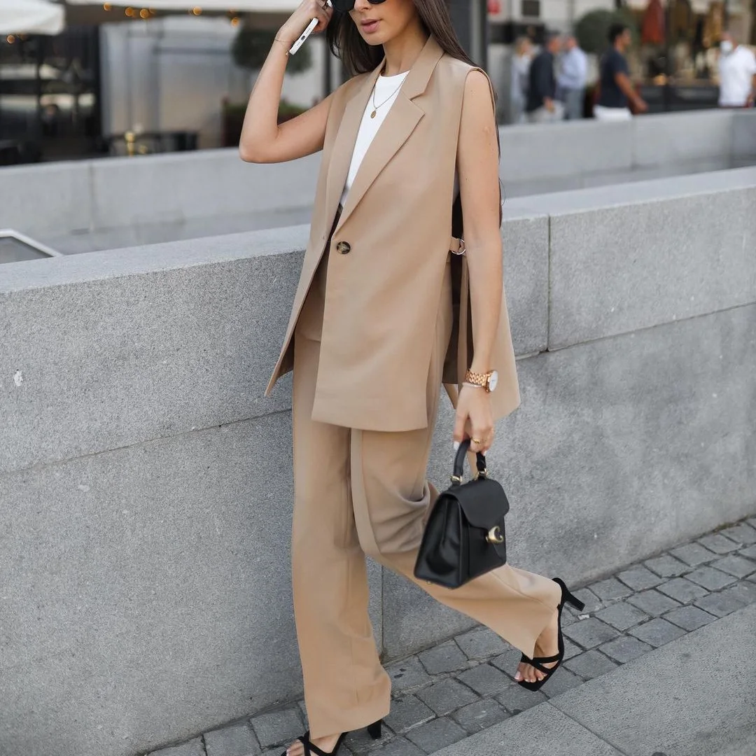

JUNWU Za 2021 Spring Autumn Women Khaki Sleeveless Long Suit Tie Waist Blazer Loose Button Trousers Suit British Commuter Style