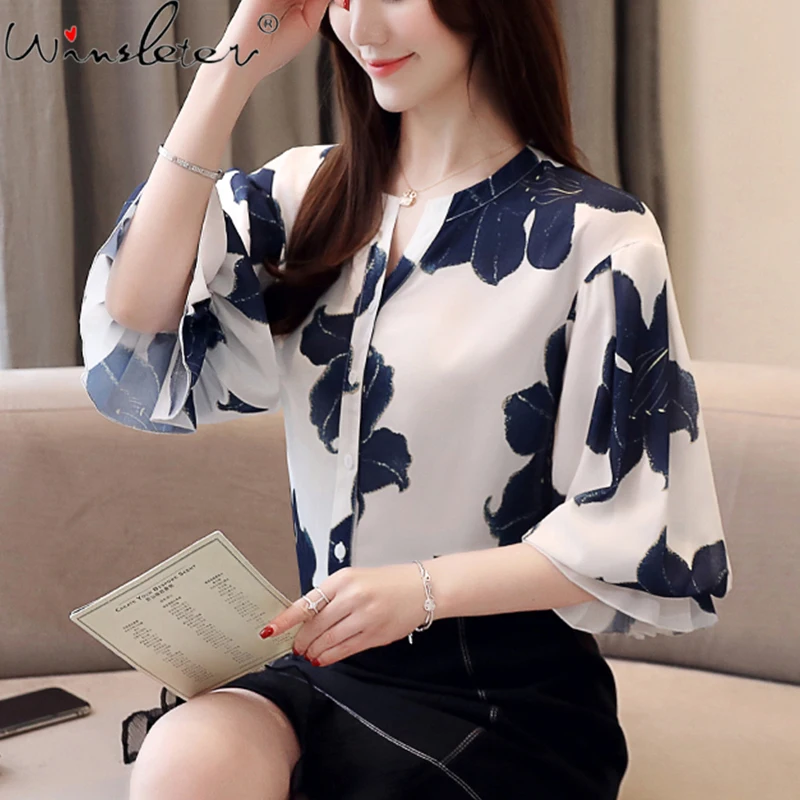 Женские шифоновые рубашки с принтом лето 2020 v образный вырез рукав три четверти