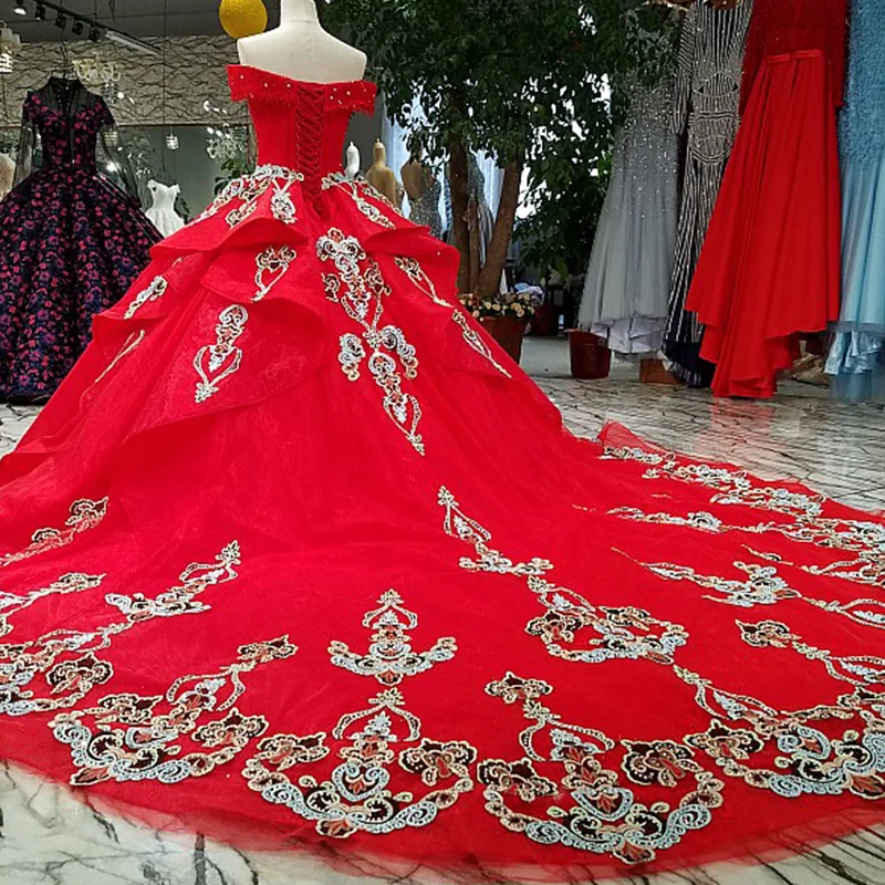 LS60411 vitage off shoulder sweetheart floor length lace up back crystal ball gown prom dress red puffy evening wholesale | Свадьбы и