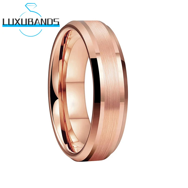 

Wemen's Tungsten Wedding Bands 6MM Rose Gold For Men Center Brushed Beveled Edges Engagement Rings Polished Finished Comfort Fit