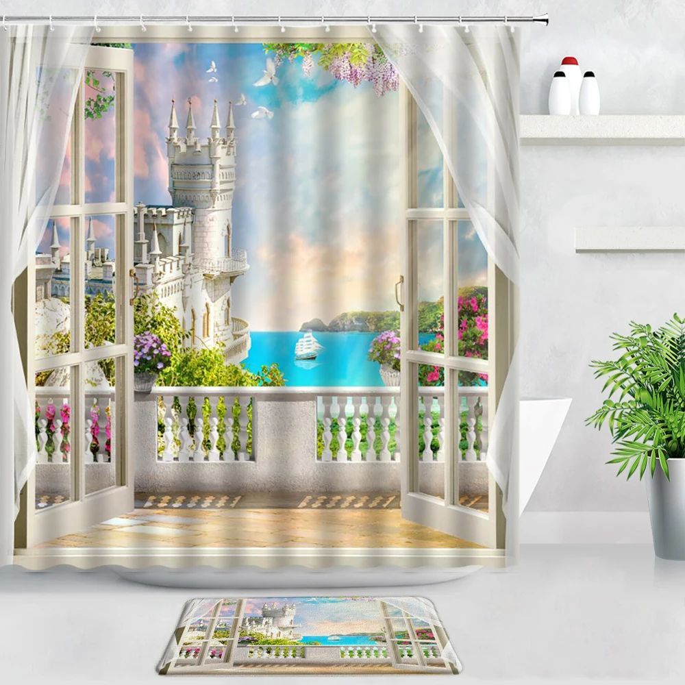 

Набор занавесок для душа с изображением морских цветов, ковер, винтажный замок, здание, картина маслом, искусство, декор для ванной комнаты, ...