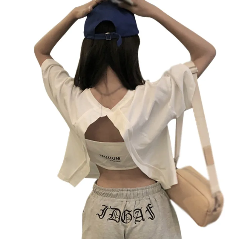 

Женская свободная футболка с короткими рукавами и круглым вырезом с низким вырезом на спине, одежда с коротким Стиль короткий рукав; Топ; Фу...