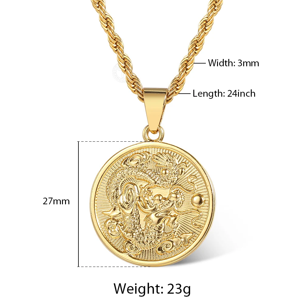 3mm Gold Color Rope Link Chain Lucky Amulet Symbol Dragon Geometric Pendant Necklace For Men Boys Fashion Jewelry Gift 24inch - купить по