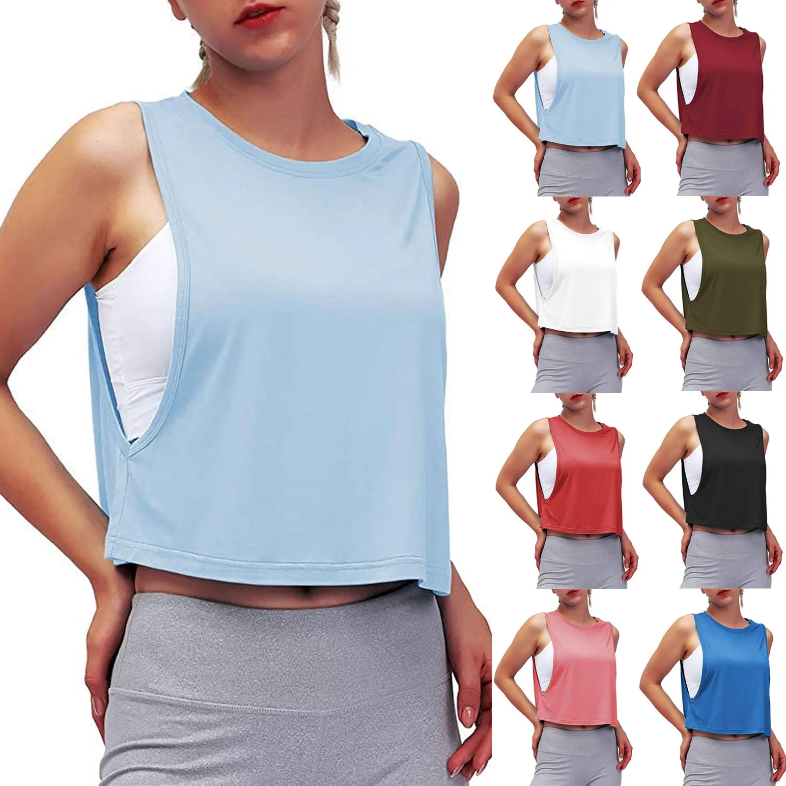 

2021 Summer Women Sport Crop Top Vest Solid O-Neck Breathable Net Yarn Sleeveless Loose Vest Running Athletic Fitness Tank Top