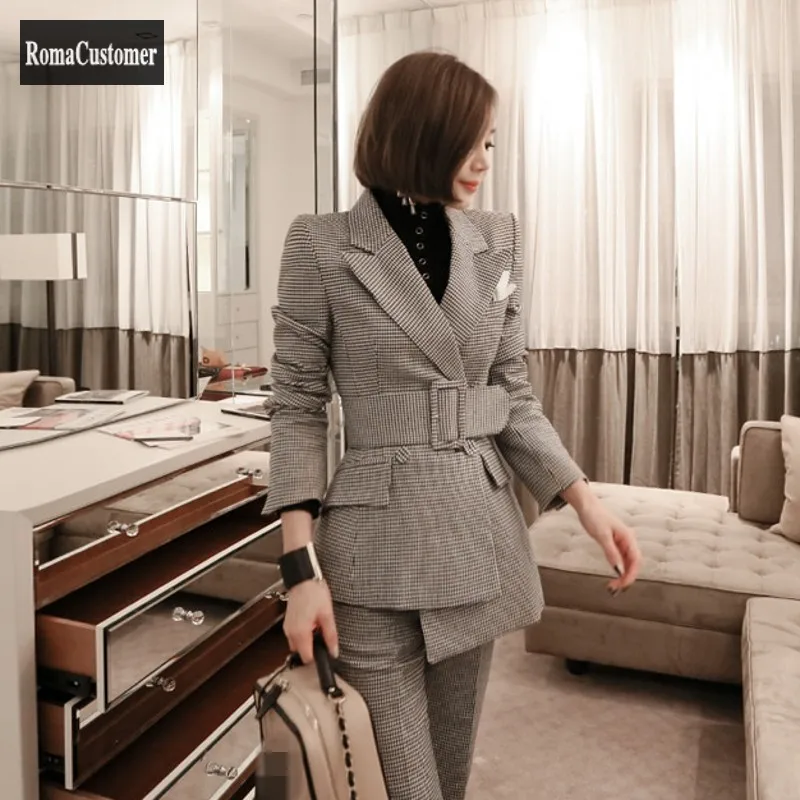 

Корейский женский винтажный костюм из двух предметов, элегантные двубортные клетчатые облегающие костюмы, куртка и брюки до щиколотки, пов...
