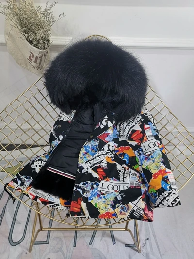 Black Black Fur Детская зимняя куртка с отделкой из меха, пальто для мальчиков и девочек утепленное пальто из меха кролика с граффити, Детская меховая куртка для девочек, TZ147 - Цвет: Black Black Fur