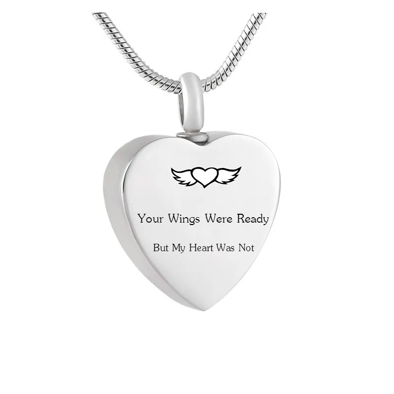 IJD0127 Custom Engrave Angel Cremation Heart Memorial Urn Necklace for Ashes of Loved Human/Pets-Your Wings Were Ready