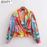 zevity new women fashion cloth patchwork print cross kimono blouse female pleats elastic waist ruffles shirt chemise tops ls9868