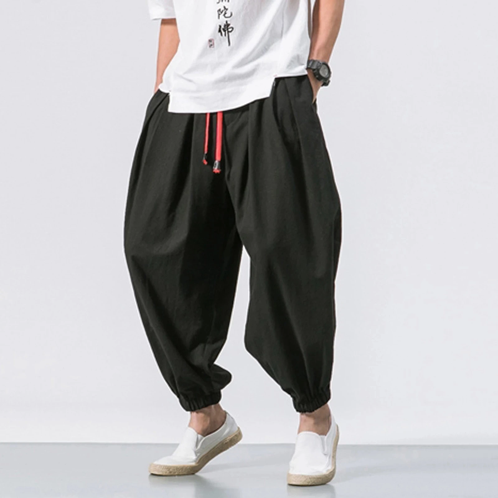 

Men's Fashion Casual Loose Solid Color Harem Pants Wide Leg Elasticated Pants Casual Cotton Linen Trouser Man Jogger Pants