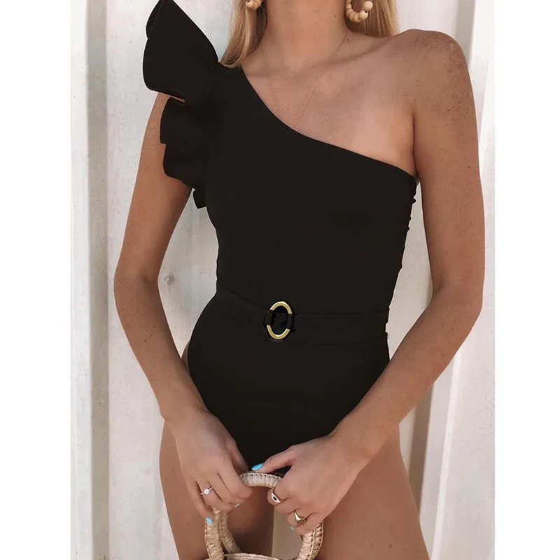 

Ruffles One Shoulder Designer One Piece Swimsuit Women Solid Push Up Bodycon Vintage Beachwear Swimming Suits Woman 2021