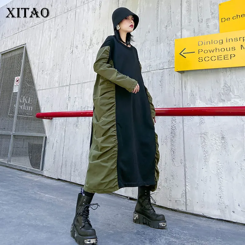 XITAO плиссированное платье с оборками модный длинный Элегантный пуловер длинными