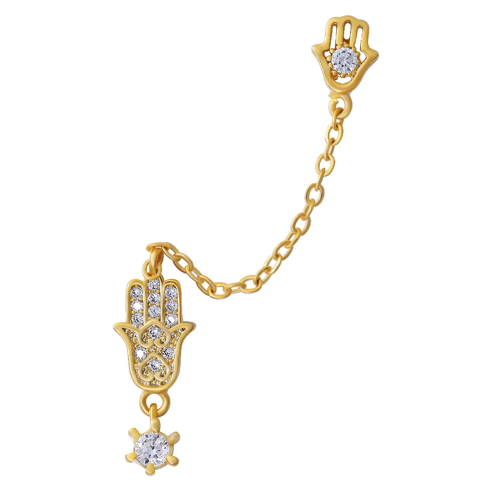 

1 Pc Fashion Crystal Iced Out Hand Shape Stud Earring Gold Double Pierced Metal Chain Earrings Ear Rings Jewelry Gift