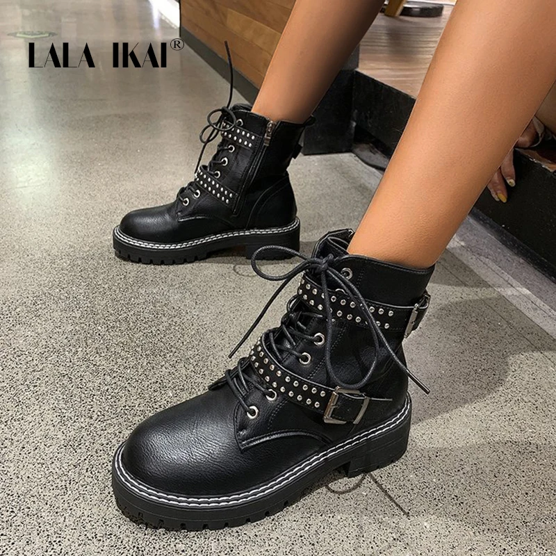 

Женские ботинки из ПУ кожи, с заклепками, на платформе