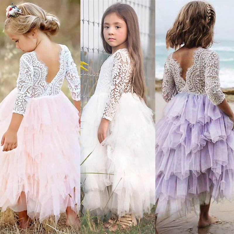 3-8 Years Autumn Girl Dress Princess Wedding Party Baby Ceremonies Flower Lace Tutu Layered Kid Christmas Clothes | Детская одежда и