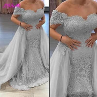 elegant off the shoulder mermaid evening dresses 2020 lace appliques long tulle prom dress with train sexy party gowns