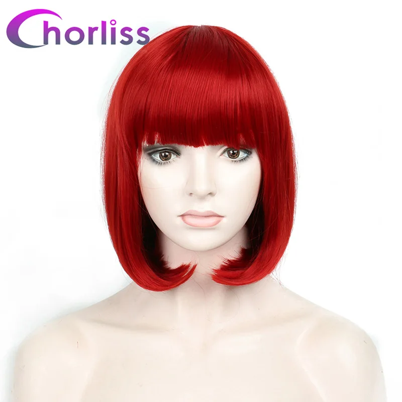 

Synthetic Wigs Short Straight Bob Women Wigs With Fringe Bangs Chorliss Fake Hair Pink White Green Red Brown Purple Cosplay Wigs