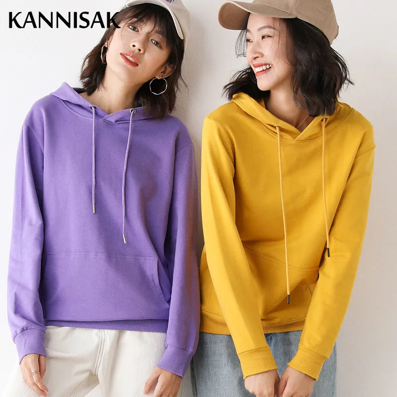 

Женские толстовки KANNISAK, сезон весна-осень 2021, однотонные корейские толстовки в стиле Харадзюку С Капюшоном, свободные хлопковые пуловеры, о...
