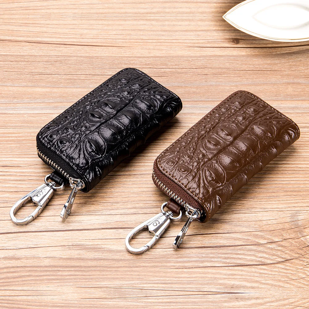 Brand Cowhide Key Card Holder High Quality Genuine Leather Crocodile Pattern Key Case Zipper 6 Key Rings Organizer Car Key Bag