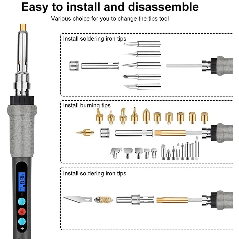 

Soldering Iron Kit,61PCS LCD Display Adjustable Temperature Welding Tool 60W Wood Burning Pyrography Pen Kit,US Plug