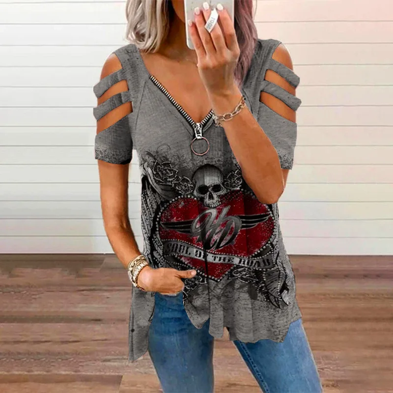 

2021 European and American Summer Short Sleeve Casual Printing V-neck Zipper Off Shoulder Short Sleeve T-shirt for Women
