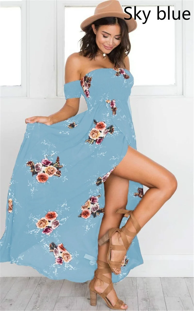 XS-5XL женские летние платья с коротким рукавом с открытыми плечами женский жилет с цветочным узором праздничное пляжное длинное платье - Цвет: Небесно-голубой