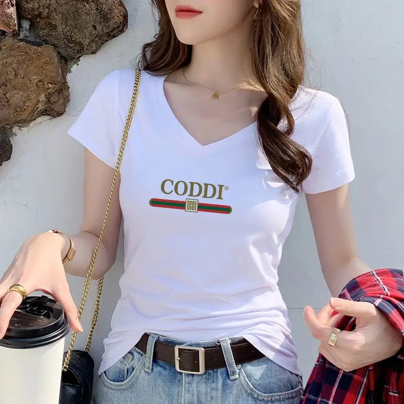 

Short sleeve T-shirt women's black slim cotton printing 2021 new summer v collar white short